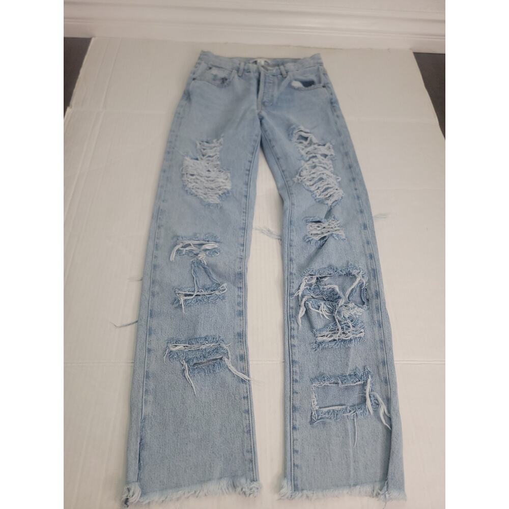 Alice & Olivia Jeans Sz 25 Straight Button Fly Fray Split Hem Heavily Distressed
